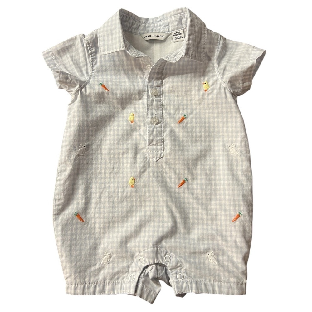 Janie and Jack Gray Gingham Blue & White Romper with Embroidered Bunnies SZ 0-3M